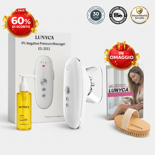 Promozione del kit Lunyca per il trattamento a coppettazione domestico, progettato per eliminare la cellulite e tonificare la pelle. L'immagine mostra il massaggiatore a pressione negativa IPL ES-2011 bianco, accompagnato dall'olio Luxelift, una spazzola per il corpo in legno e il manuale 'Il Metodo Lunyca'. Sono presenti bollini che indicano uno sconto del 60%, la spedizione gratuita e la garanzia soddisfatti o rimborsati di 30 giorni.