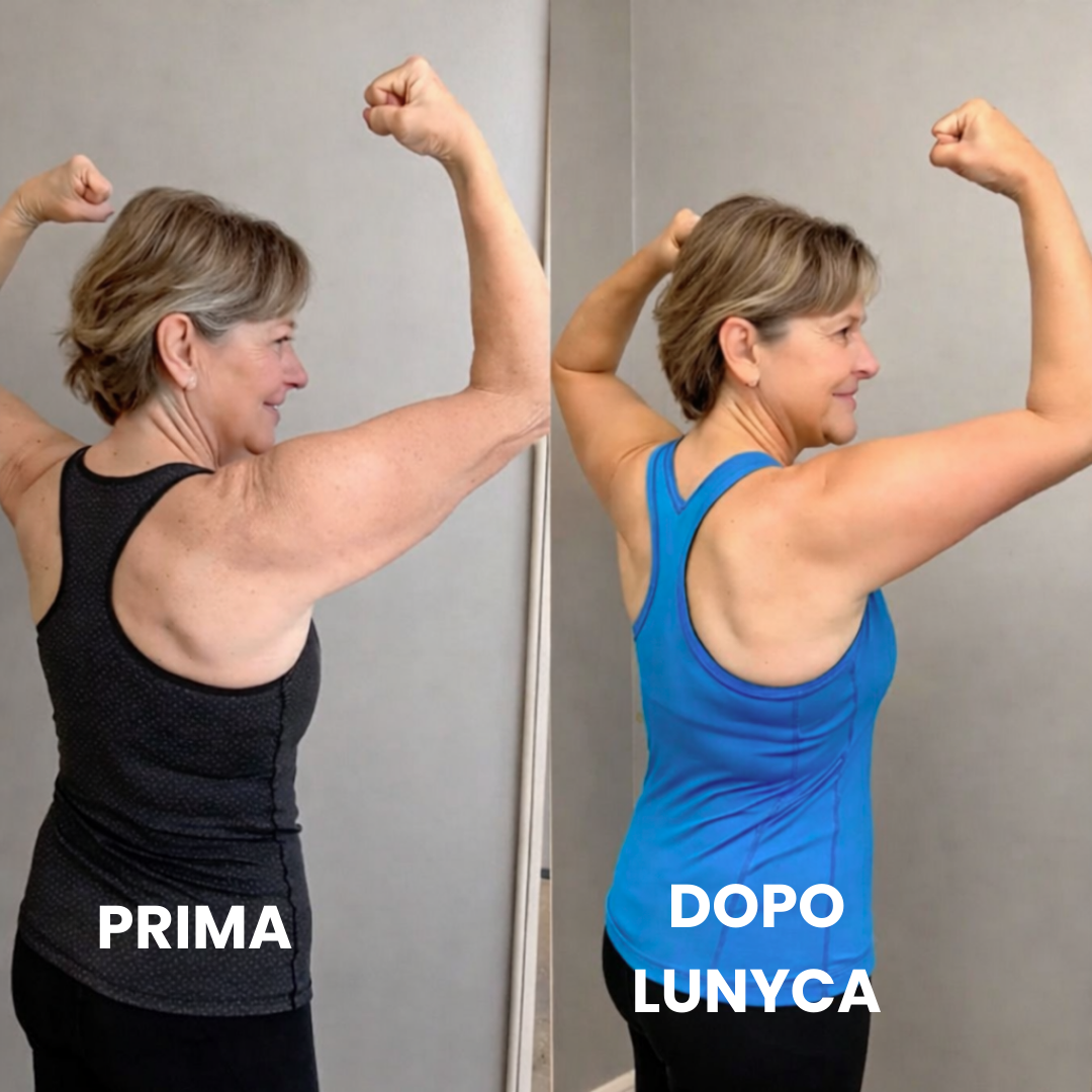 Confronto fotografico dell'efficacia di Lunyca sulla tonicità delle braccia. A sinistra, la foto 'PRIMA' mostra il profilo posteriore di una donna che flette il braccio, evidenziando pelle rilassata nella zona del tricipite. A destra, la foto 'DOPO LUNYCA' mostra la stessa posizione con un braccio visibilmente più tonico, sodo e con una pelle più compatta e levigata.